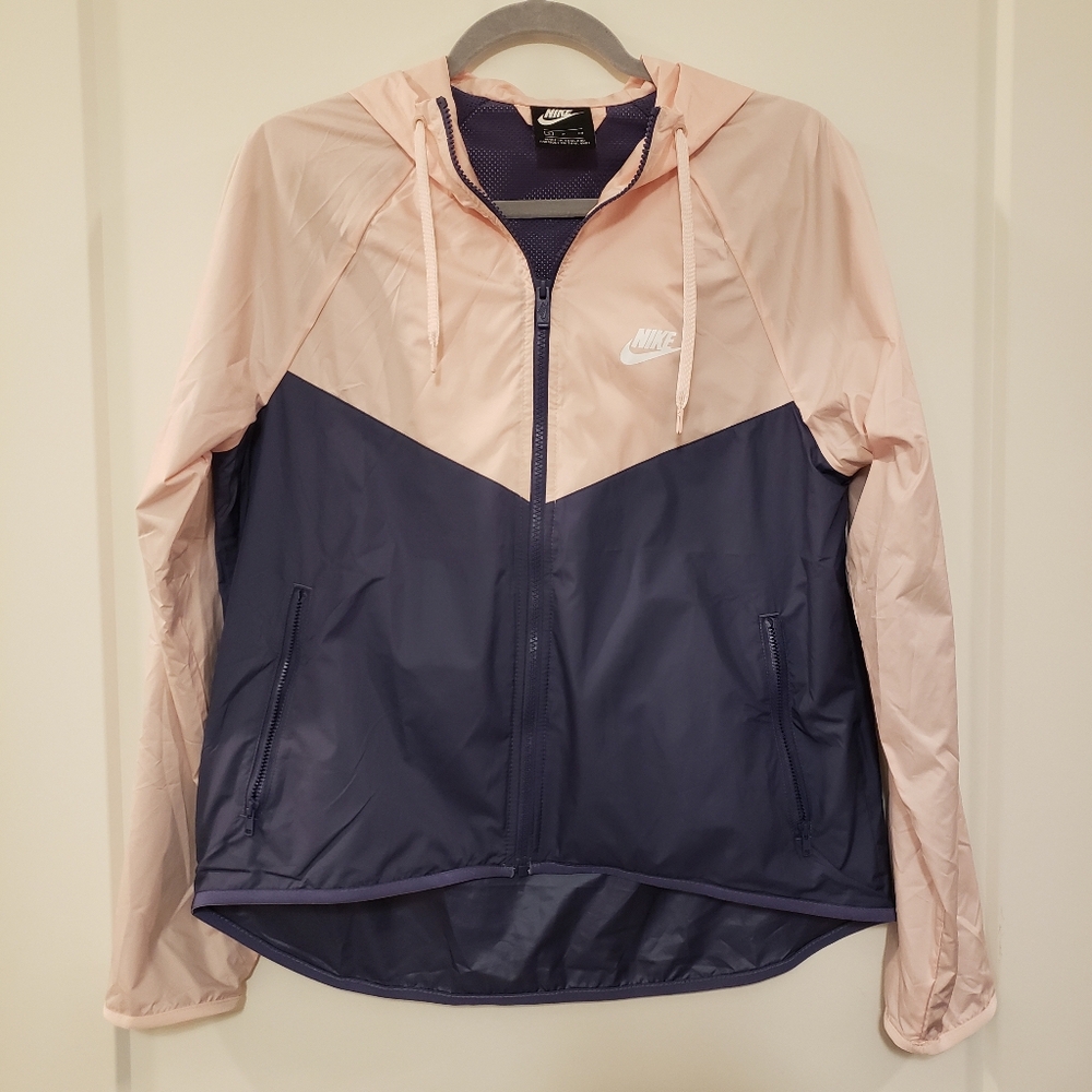 Nike Rain Windbreaker Zip-up Jacket with Hood Pink Navy Size S-M Active Outdoor